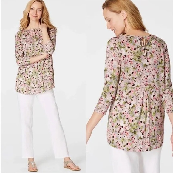 J. Jill Love Linen Springtime Floral Keyhole Tie Back Tunic Blouse Top XS - Picture 1 of 4